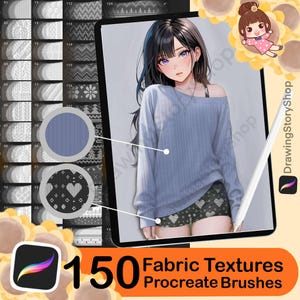Puede incluir: Producto de arte digital con 150 texturas de tela para pinceles Procreate. La imagen muestra una tableta con una ilustración digital de una persona con un suéter azul. Se muestra el logotipo y el texto del producto.