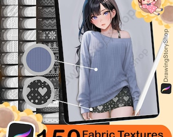 May include: Digital art product featuring 150 fabric textures for Procreate brushes. The image shows a tablet with a digital illustration of a person wearing a blue sweater. The product logo and text are displayed in the image.