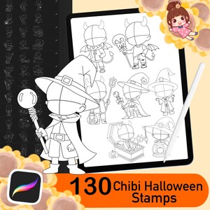 130 Procreate Halloween Stamps, Halloween Brushes Procreate, Chibi Base, Procreate Chibi Brush, Chibi Anime Pose Set, Procreate Pose Stamp