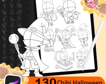 130 Procreate Halloween Stamps, Halloween Brushes Procreate, Chibi Base, Procreate Chibi Brush, Chibi Anime Pose Set, Procreate Pose Stamp
