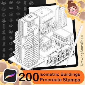 Puede incluir: Ilustración digital de edificios isométricos, mostrada en una tableta con un lápiz óptico. La imagen presenta un icono de la aplicación Procreate y el texto "200 Isometric Buildings Procreate Stamps". Los edificios son en blanco y negro.