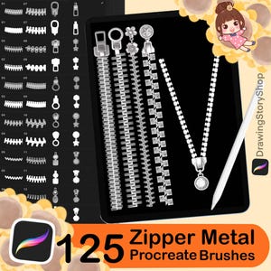 Pode incluir: Ilustração digital de 125 pincéis Procreate de zíper de metal. A imagem mostra vários designs de zíperes, incluindo diferentes estilos e fechos. O texto "Zipper Metal Procreate Brushes" é visível, juntamente com o número "125".