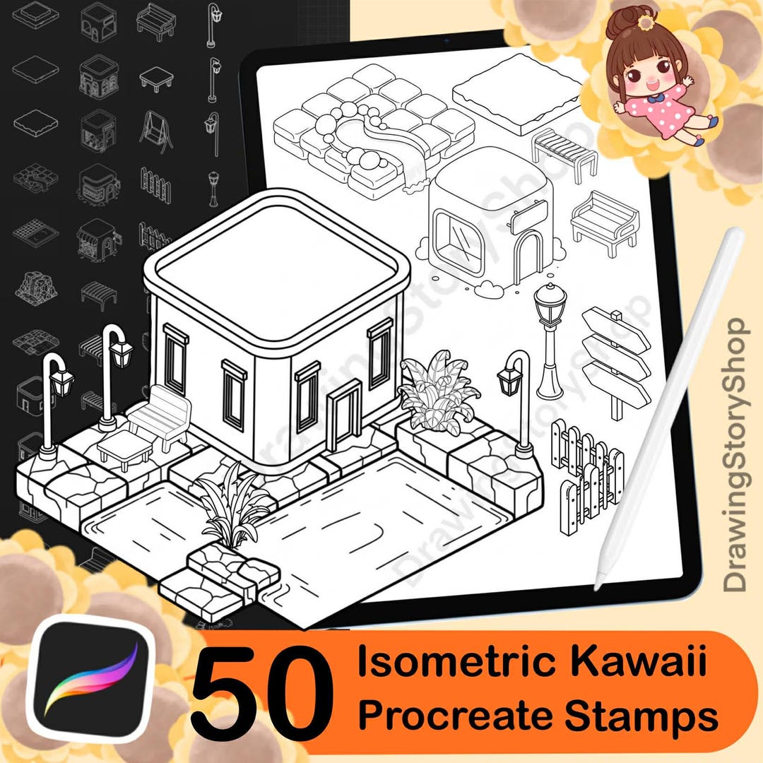 50 Procreate Isometric Kawaii Buildings Stamp Brushes | Kawaii Textured ...
