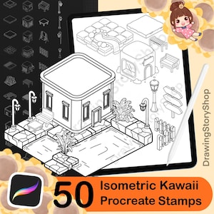 Op de afbeelding: Zwart-wit isometrische kawaii Procreate-stempels. De afbeelding toont een digitale tekening van een huis, banken, straatlantaarns en andere landschapselementen. De afbeelding bevat ook een digitale tekening van een schattig meisje en een stylus.