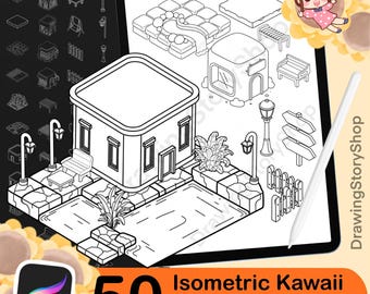 50 Procreate Isometric Kawaii Buildings Stamp Brushes | Kawaii Textured Isometric Stamp Brush for Procreate Set 1