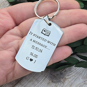 May include: Silver keyring with a silver tag that reads "It started with a message... 13.10.24 14.05 G ♥ J".