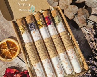 Sales de baño. Set de regalo para consentirse. Spa de lujo. Aceites esenciales. Flores secas. Recuerdos. Natural. Set de sales de baño. Tubo de sales de baño. Regalo para ella.