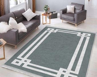 Gray Rectangle Area Rug,Non-Slip Modern Striped Living Room Carpet,Bordered Carpet,Washable Door Mat,Framed Carpet,Easy To Clean Durable Rug