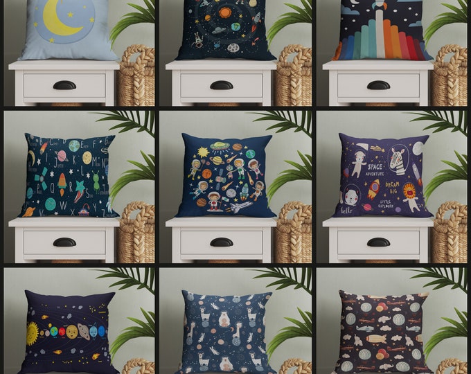 Kids Pillowcase, Space Themed Pillow Cover, Planets & Stars Cushion Cover, Nursery Decor, Playroom Decoration, Size Option Pillow, 17x17