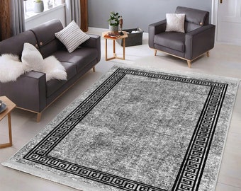 Greek Key Area Rug,Gray Tumbled Carpet,Fringed Carpet,Washable Living Room Rug,Rectangle Rug,Housewarming Gift,Bestselling Area Rug