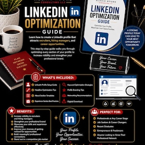 May include: A digital marketing guide titled LinkedIn Optimization Guide by Alexis Moore Consulting LLC. The image features a tablet displaying the guide, a red notebook, a white mug with text, and a clear desk sign with the phrase Your Career. Your Brand. Your Future. It outlines benefits, inclusions, and professional networking strategies.