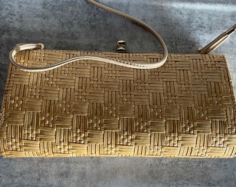 Vintage woven cane clutch bag with shoulder strap