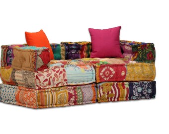 Pouf two-seater modular fabric patchwork multi-color 55.12 x 27.56 x 22.83 inches (W x D x H)