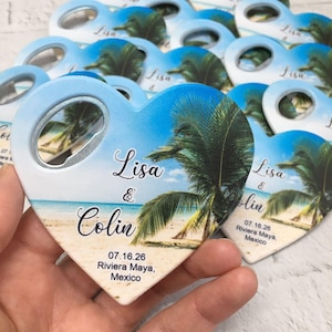 Beach Wedding Bottle Opener Magnet Favors: Personalized Palm Tree Design