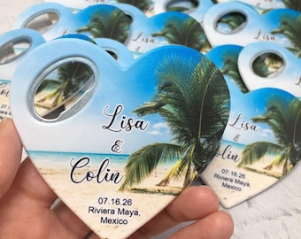 Beach Wedding Bottle Opener Magnet Favors: Personalized Palm Tree Design