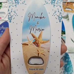 Personalized Surfboard Bottle Opener Magnet: Beach Wedding Favor