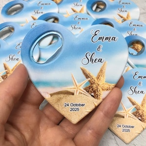 Beach Wedding Bottle Opener Magnet Favors: Rustic Ocean Theme Keepsake