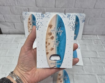 Personalized Surfboard Bottle Opener Magnet: Beach Wedding Favor