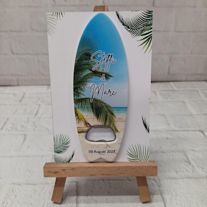 Personalized Surfboard Bottle Opener Magnet: Beach Wedding Favor