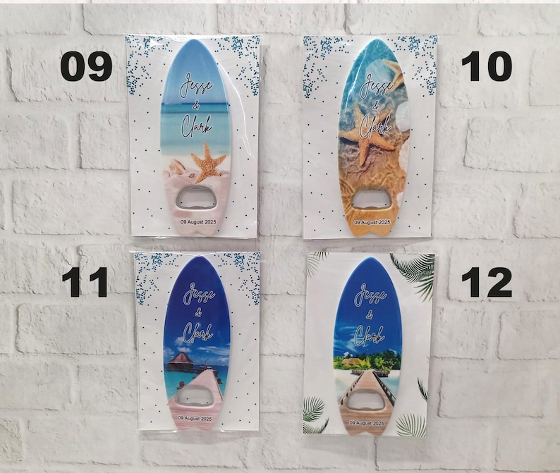 May include: Four surfboard-shaped bottle openers with beach-themed designs. Each opener has a different ocean scene, with the names "Jesse & Clark" and the date "09 August 2025" printed on them. The openers are displayed on white cards.