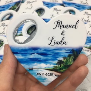 Personalized Heart Bottle Opener Magnet: Beach Wedding Favor