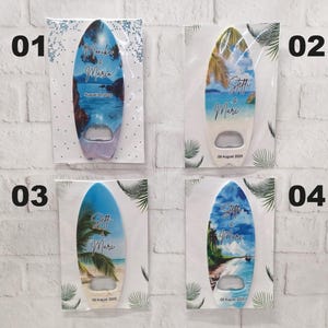 Personalized Surfboard Bottle Opener Magnet: Beach Wedding Favor