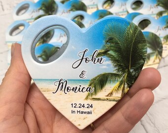 Beach Wedding Bottle Opener Magnet Favors: Personalized Palm Tree Design