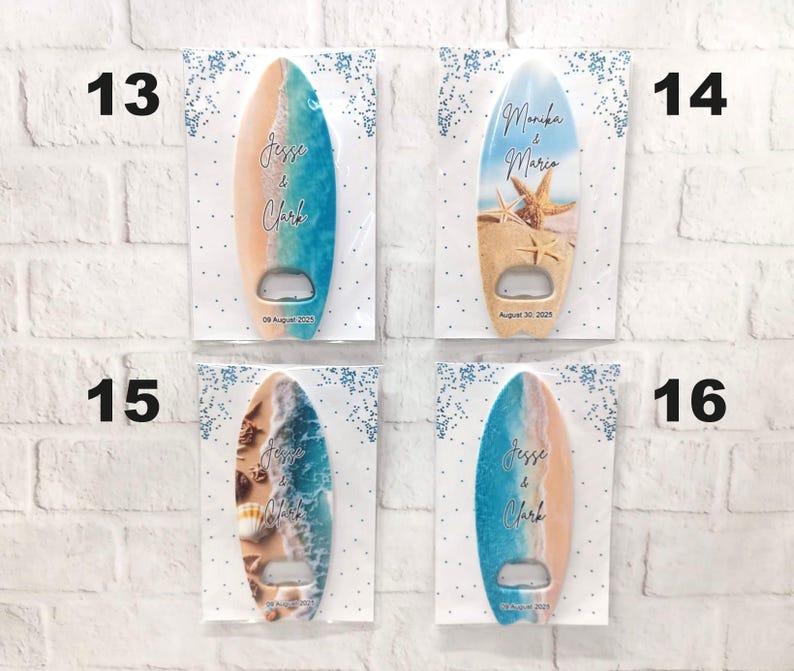 May include: Surfboard-shaped bottle openers with beach-themed designs. Each opener features a unique design with names and dates, perfect for wedding favors or beach-themed events. The openers are in clear packaging.