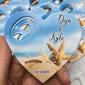 Beach Wedding Favors: Heart Bottle Opener Magnet - Nautical Seashell Design