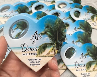 Beach Wedding Bottle Opener Magnet Favors: Personalized Palm Tree Design