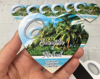 Beach Wedding Bottle Opener Magnet Favors: Personalized Palm Tree Design