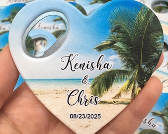 Beach Wedding Bottle Opener Magnet Favors: Personalized Palm Tree Design