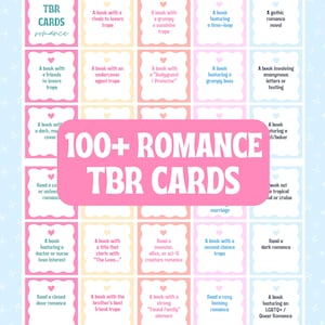 May include: A grid of square cards with scalloped edges, each featuring a small heart icon and text describing romance book tropes. A large pink rectangular overlay in the centre displays the white text 100+ ROMANCE TBR CARDS.