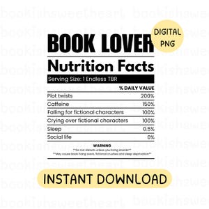 Book Lover Nutritional Facts PNG (Plot twists, Caffeine, Falling for fictional characters, crying over fictional characters, sleep & social life)