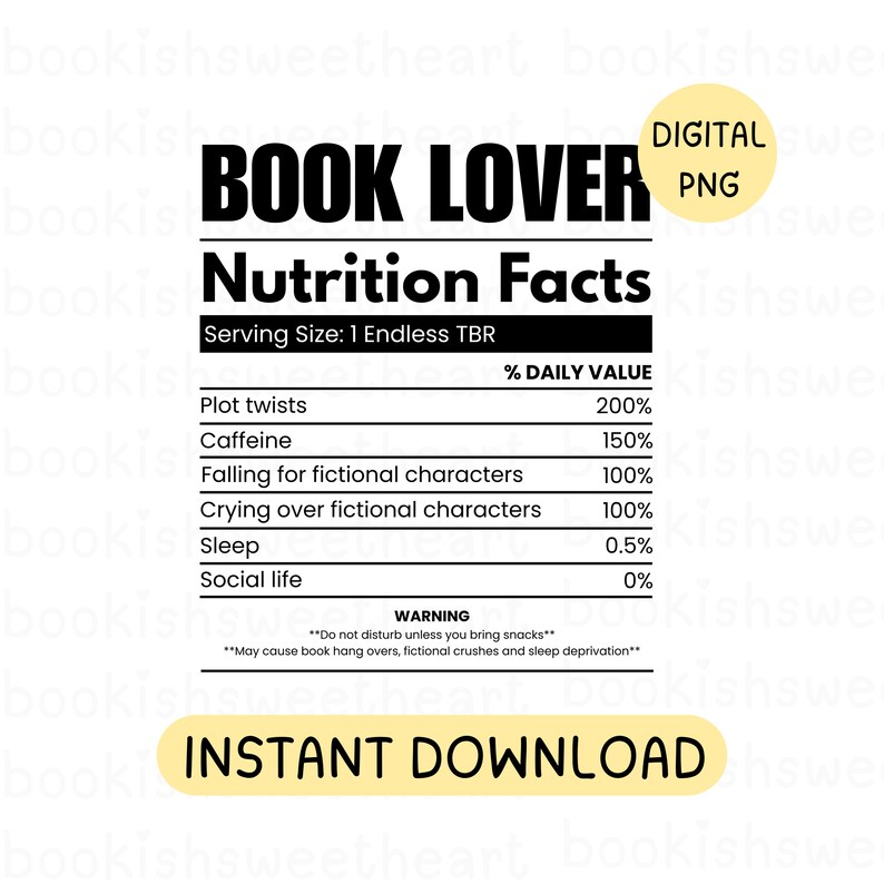 Book Lover Nutritional Facts PNG (Plot twists, Caffeine, Falling for fictional characters, crying over fictional characters, sleep & social life)