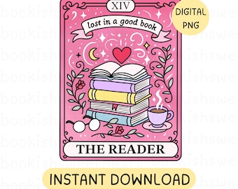 Bookish Tarot Card PNG, The Reader png, Book lover sublimation design for stickers, Romance reader PNG File