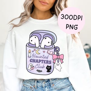 Spooky Halloween bookish sweater png design mockup.