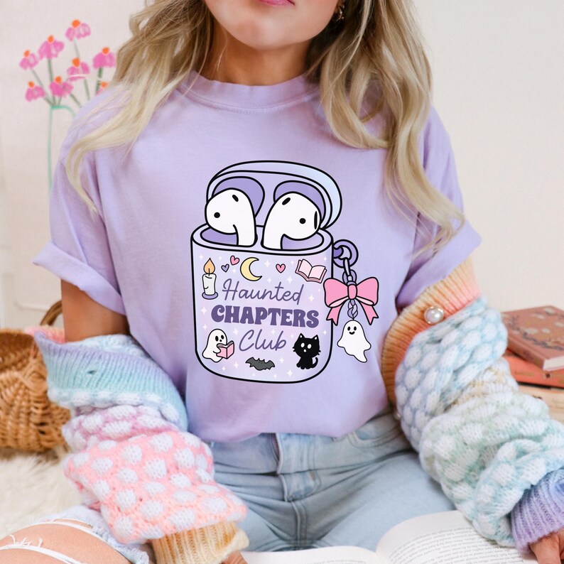 Halloween bookish ghost t-shirt png design mockup.