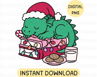 Christmas Bookish Dragon PNG, Book lover stickers sublimation design, Christmas Dragon Clipart, Holiday Booktok merch, Cozy Winter Aesthetic