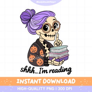 Spooky Bookish Halloween PNG, Skull reading PNG, Girly Fall Book Lover Sublimation Design, Book stack png, I'm reading design for stickers