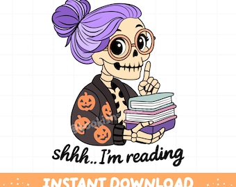 Straszny, książkowy Halloween PNG, czytająca czaszka PNG, jesienna sublimacja dla miłośniczek książek, stos książek PNG, projekt naklejek „Czytam”