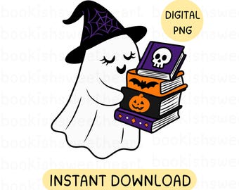 Halloween Bookish PNG, Spooky Season Reading Book Ghost Sticker Design, Halloween Clipart for Library Teacher