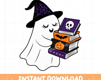 PNG a tema libri di Halloween, adesivo fantasma a tema libri per la stagione spettrale, clipart di Halloween per insegnanti di biblioteca