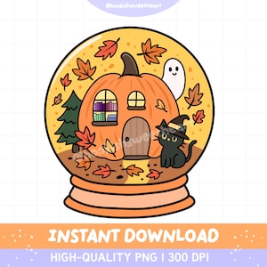 A cozy book lover png for Fall of a Halloween themed snowglobe. It features an adorable pumpkin bookshop surrounded by a black cat wearing a witches hat, a ghost & autumn leaves.