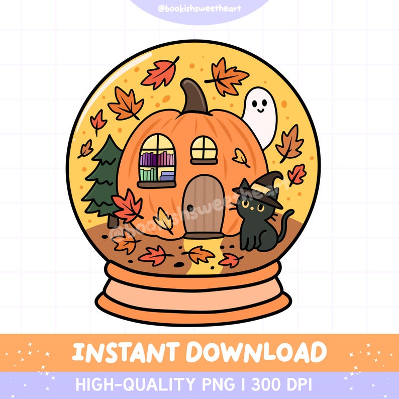 A cozy book lover png for Fall of a Halloween themed snowglobe. It features an adorable pumpkin bookshop surrounded by a black cat wearing a witches hat, a ghost & autumn leaves.