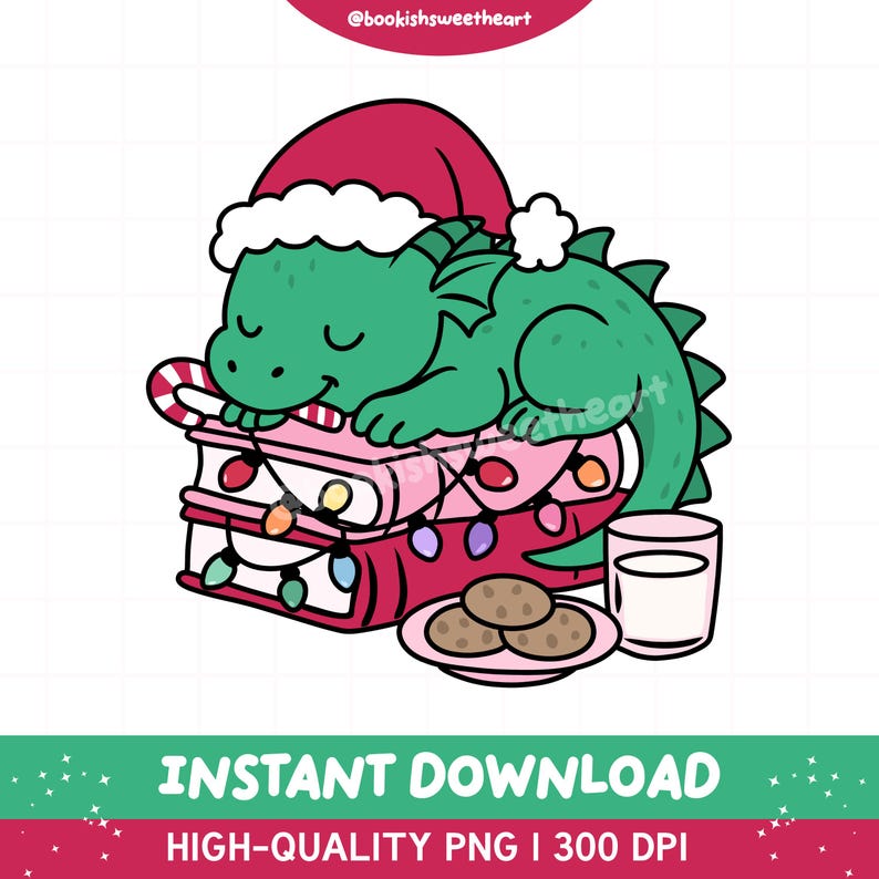 A sleeping dragon wearing a Santa hat. The dragon is sleeping on a pile of books that are tangled in colorful festive lights. Next to him is a plate of cookies and glass of milk left out for Santa!