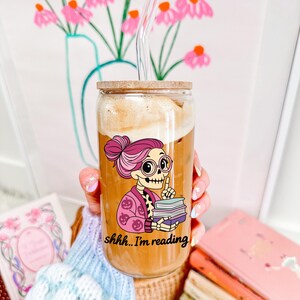 Cute bookish Skull tumbler cup design