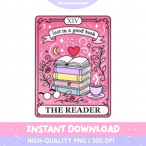 Tarotkarte „Bücherwurm“ (PNG), Leser-Design (PNG), Sublimationsdruck für Sticker für Bücherliebhaber, PNG-Datei für Liebesromanleser