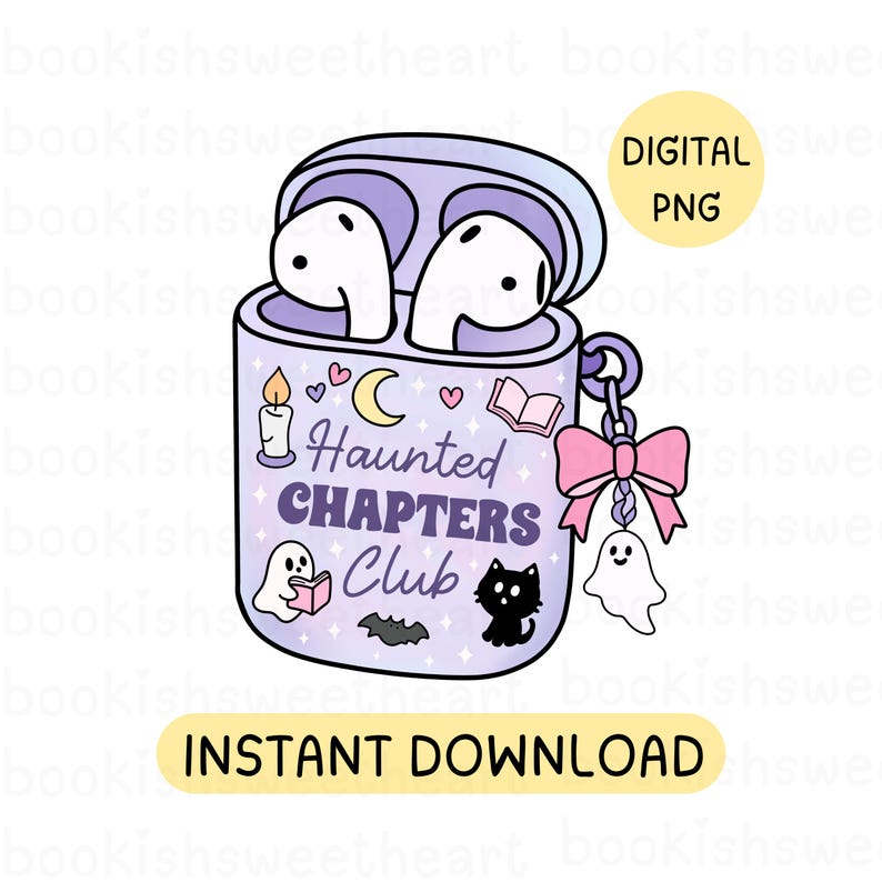 A Halloween bookish png digital download. The design is of a spooky themed headphones case for readers who love audiobooks. The case has the text "Haunted Chapers Club". It's is decorated with a pink bow, ghosts, sparkles, a bat, black cat, candle, book and the moon.