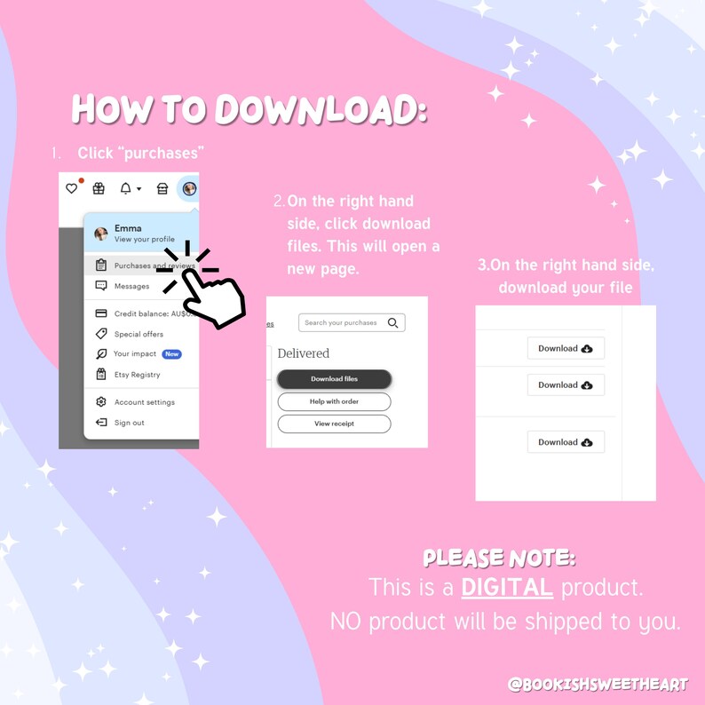 May include: An instructional graphic on a pink and blue background titled HOW TO DOWNLOAD. It shows three steps: clicking purchases, selecting download files, and downloading the file. It includes a note that this is a digital product.